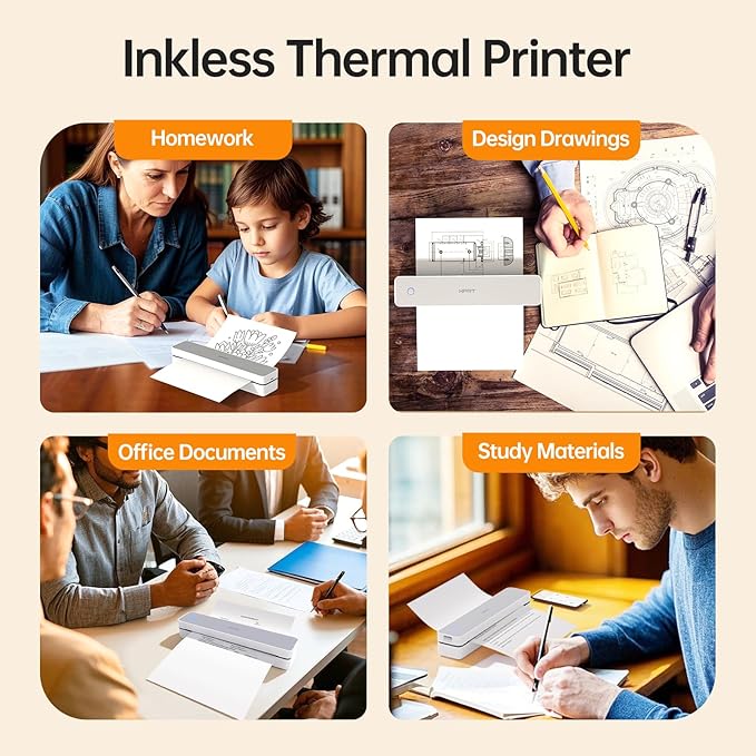HPRT Portable Printer Wireless for Travel, Bluethooth Inkless Thermal Printer Support for 8.5"x11" US Letter, Compatible with iOS, Android, Laptop for Office and Home, White-Grey
