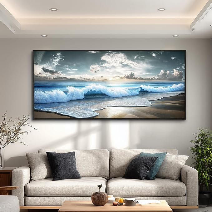 Mhartk66 Beach Framed Wall Art-Extra Large Paintings For Living Room Ocean Canvas Prints Coastal Artwork For Walls Landscape Nature Posters Waves Seascape Pictures Modern Home Decor for Bedroom Office