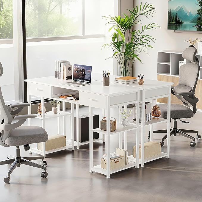 DUMOS 48" Small Computer Home Office Desk for Bedroom with Drawers, Gaming Writing Study Table with Storage Shelf, Adjustable Feet, Metal Frame Natural White
