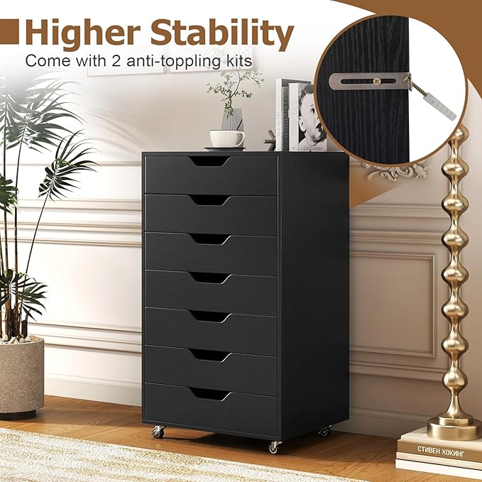 7 Drawers Filing Cabinet, Vertical File Cabinet for Home Office, Mobile Under Desk Office Storage Cabinets with Wheels (Black)
