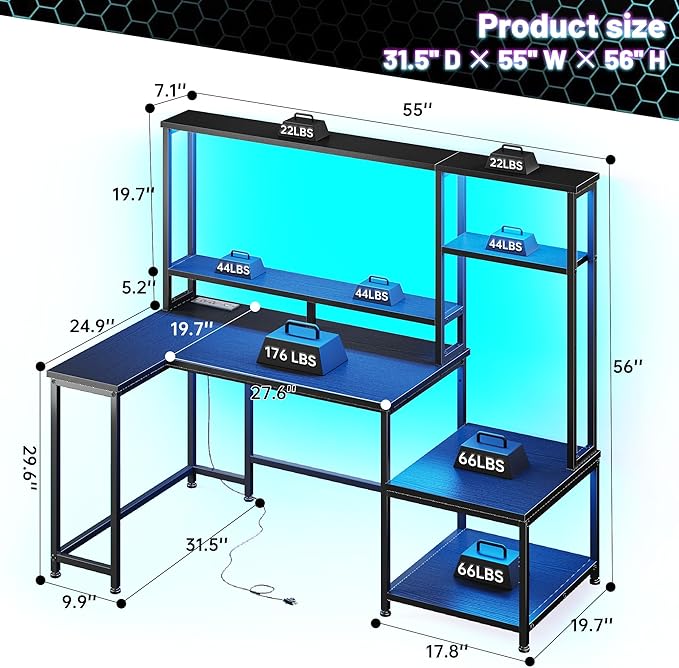 Gaming Desk with LED Lights & Outlets,55" L Shaped Computer Desk with Shelves & Storage Hutch,Reversible Corner Gaming Table with Printer Space & Monitor Stand for Home Office,Black