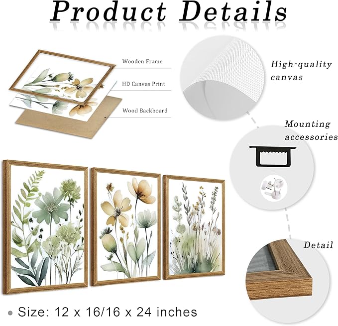 SYWENNOI Wood Framed Green Botanical Canvas Wall Art, Boho Floral Watercolor Art Wall Decor, Minimalist Flower Pictures Poster Prints for Bedroom Bathroom Living Room Ready to Hang 16x24 Inches