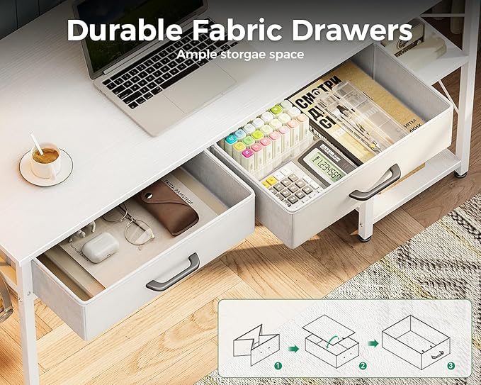Coleshome Small Computer Desk with Drawers, 40 Inch Reversible Home Office Desk with Storage Shelves, Study Laptop Vanity Table for Bedroom Small Space, White