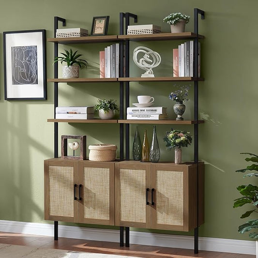 5 Tier Book Shelf Set of 2, 73" Tall Bookshelf with Storage, Modern Bookcase with Shelves, Wall Mount Ladder Shelf with Steel Frame, Bookshelves with Rattan Cabinet for Living Room (Special Walnut)