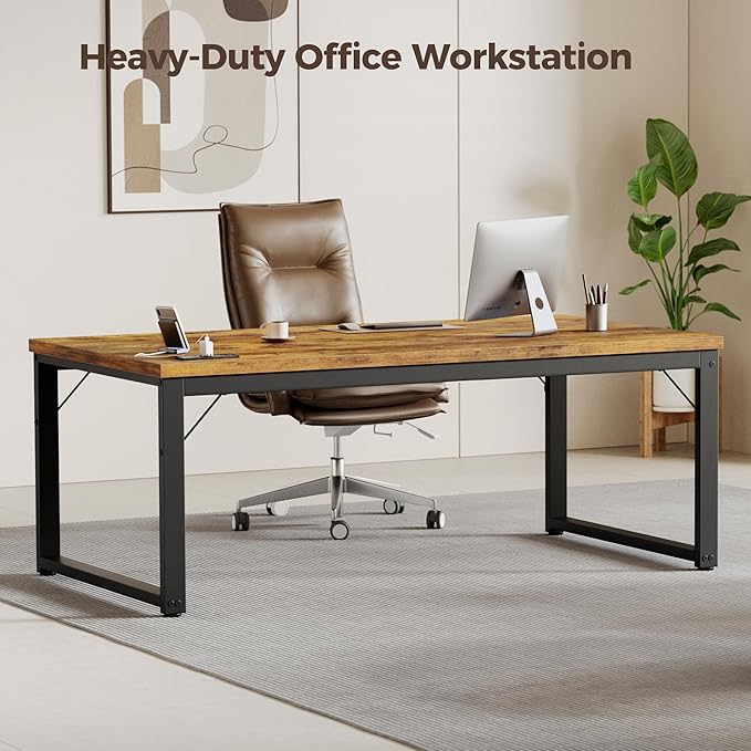 Mericonia 54 Inch Computer Desk with Power Outlets, 1.2" Thick Heavy Duty Industrial Office Desk, Modern Simple Study Writing Table for Home Office Bedroom Workstation, Brown