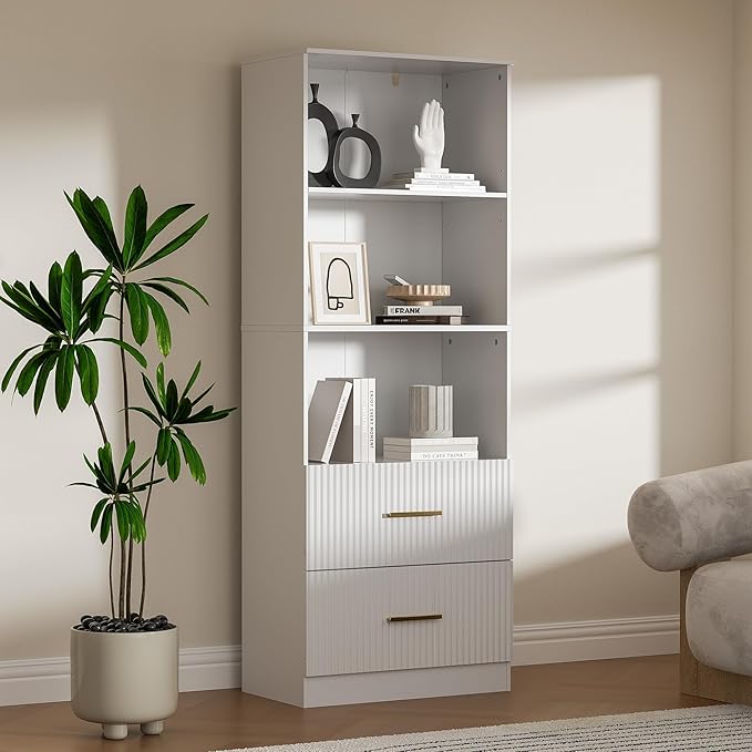 White Bookshelf with Fluted Drawers, 63" Tall Modern Bookshelf with Storage, 3 Tier Bookshelf with Adjustable Shelf, Open Shelves Bookcase, Unique Book Shelf for Home Office, White