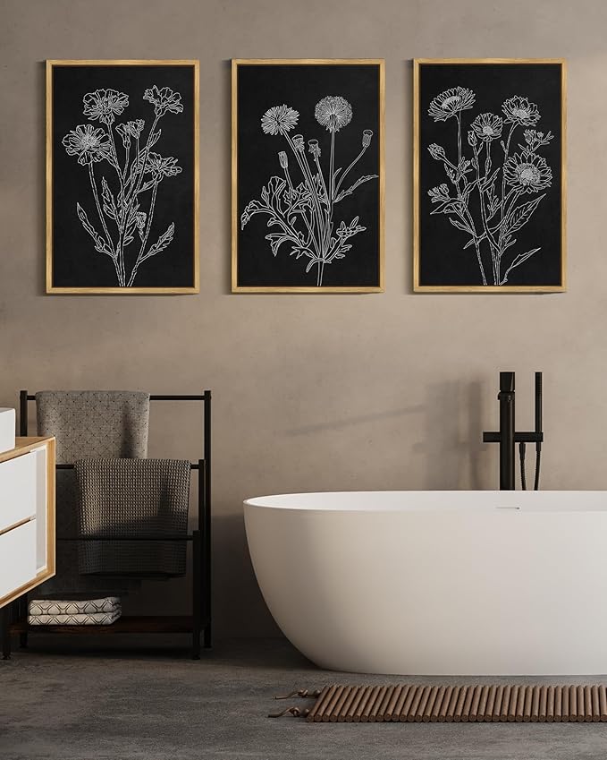 Drsoum Black White Flower Wall Art Vintage Minimalist Floral Wall Hanging Decor Bohemain Botanical Prints Artwork for Bedroom Living Room Hallway 16x24in Natural Framed