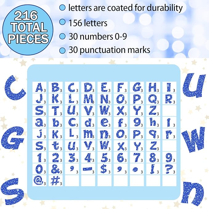 Colarr 216 Pcs Glitter Bulletin Board Letters for Classroom Number Alphabet Punctuation Symbol Cutout 4'' Die-Cut Poster Letter with Adhesive Dot School Party Holiday Decor Display(Blue)