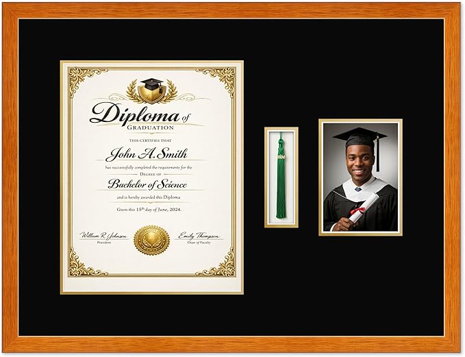 CountryArtHouse Diploma Tassel and Photo Shadowbox Fits 11 x 14 College Diploma (Portrait) with Tassel Hook a Honey Oak Genuine Hardwood with Black Over Metallic Gold Double mat