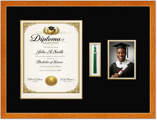 CountryArtHouse Diploma Tassel and Photo Shadowbox Fits 11 x 14 College Diploma (Portrait) with Tassel Hook a Honey Oak Genuine Hardwood with Black Over Metallic Gold Double mat