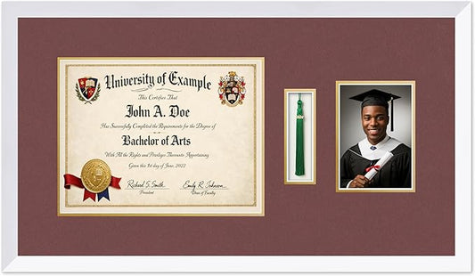 CountryArtHouse Diploma Tassel and Photo Shadowbox Fits 13 x 10 College Diploma (Traditional) with TASS Bright White Genuine Hardwood with Dark Red Over Metallic Gold Double mat