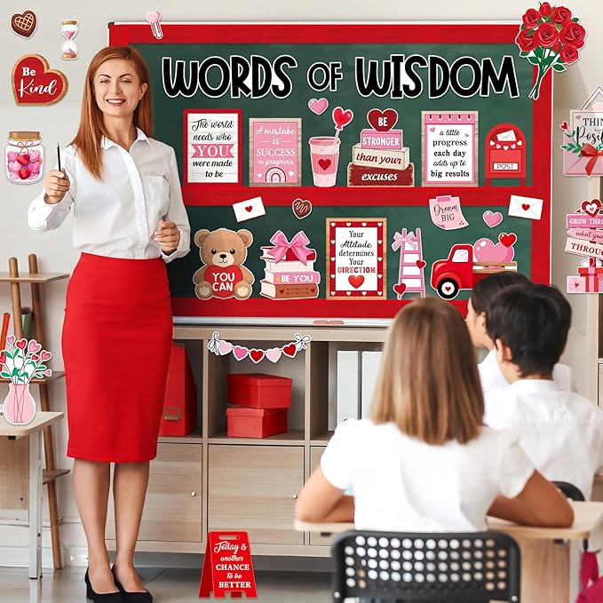57 Pcs Sweet Bulletin Board Set Pink Red Heart Envelope Paper Cutouts Positive Quotes Classroom Bulletin Board Decor for School Chalkboard Wall Door Window