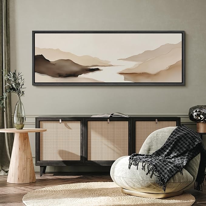 SIGNFORD Large Framed Canvas Print Wall Art Abstract Neutral Mountain Lake Landscape Illustrations Modern Art Calm Warm for Living Room, Bedroom, Office - 60"x20"