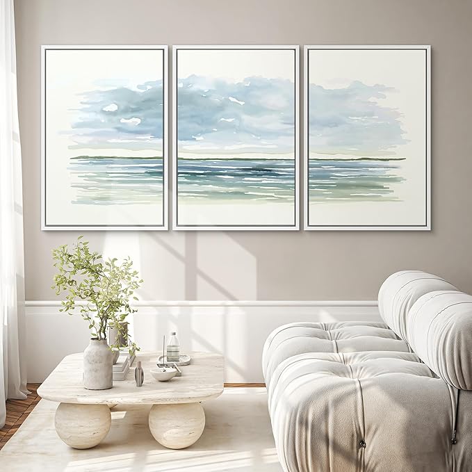 SIGNWIN Framed Canvas Print Wall Art Set Blue Watercolor Ocean Scene Coastal Beach Horizon Illustrations Modern Art Decorative Abstract for Living Room, Bedroom, Office - 16"x24"x3 White