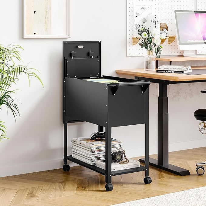 Mobile File Cabinet, 2-Tier Rolling File Cart with Wheels Hanging Files, Metal File Cabinets with Lock and Sliding Covers for A4/Letter/Legal Size, Black