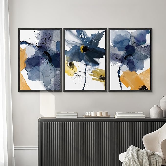SIGNWIN Framed Canvas Wall Art Blue and Orange Blossoms Botanical Flower Watercolor Modern Art Tropical Relax/Calm for Living Room, Bedroom, Office - 16"x24"x3 Black