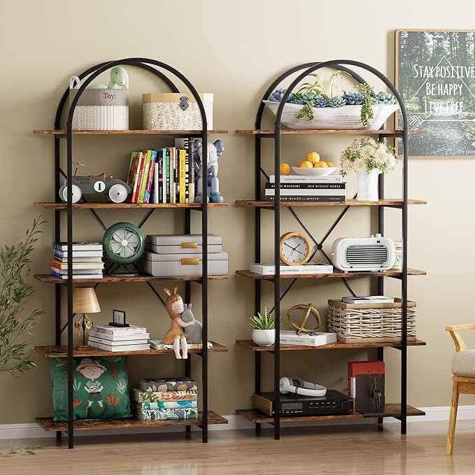 Arched Bookshelf 5 Tier Book Shelf, 31.5 Inch Width Industrial Arch Bookcase, Curved Tall Bookshelf with Open Shelves for Home Office, Living Room, Bedroom, Rustic Brown