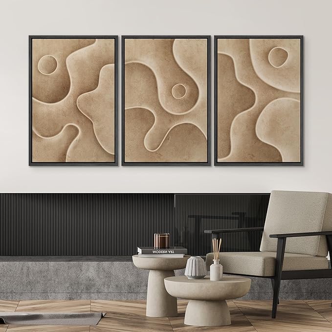 SIGNWIN Framed Canvas Print Wall Art Set Textured Sand Art Organic Curved Shapes in Neutral Tones Illustrations Modern Art Decorative Abstract for Living Room, Bedroom, Office - 24"x36"x3 Black