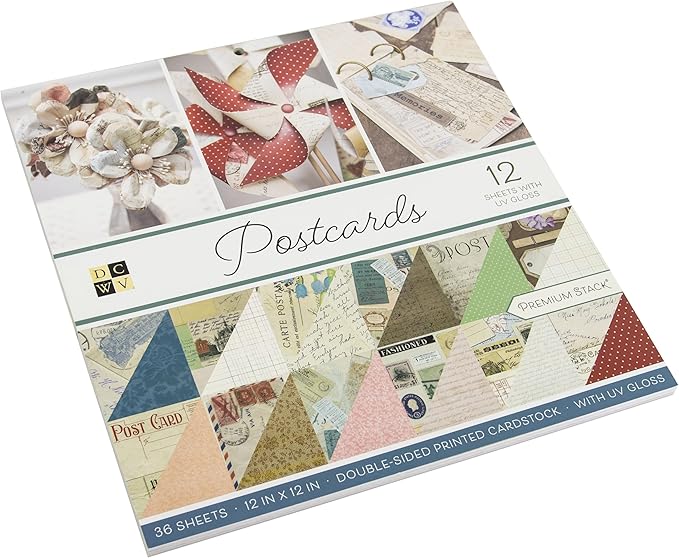 DCWV Printed Cardstock Paper 12x12, 36 Sheets of Scrapbook Paper for Crafts and Card Making, Double Sided Heavy Duty Cardstock with UV Gloss Accents - Postcards