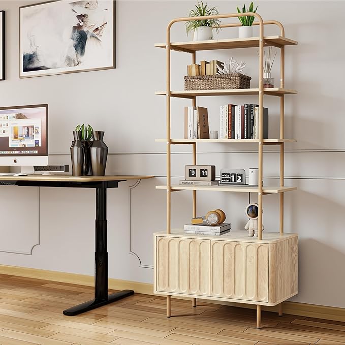 71" Tall Bookshelf with Door, 6-Tier Bookcase Modern Metal Book Shelf with Open Shelves & Adjustable Footpad Freestanding Storage Cabinet for Living Room, Home Office (Natural)