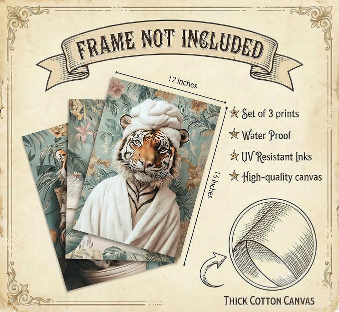 3pcs Funny Bathroom Tiger Canvas Wall Art Boho Tropical Botanical Tiger Reading Newspaper On Toilet Posters Prints Animal In Bathtub Wall Decor Pictures for Bathroom Decoration Unframed