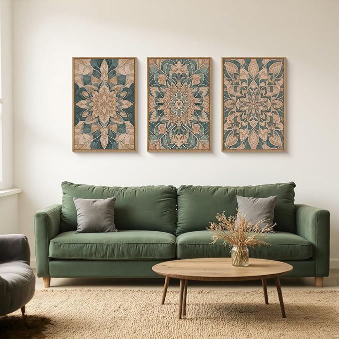 HLNIUC Mandala Boho Framed Canvas Wall Art, Vintage Green Abstract Flower Decor, Scandinavian Botanical Artwork Set of 3(24x36), Southwestern Mexican Bohemian Prints for Living Room, Bedroom, Office