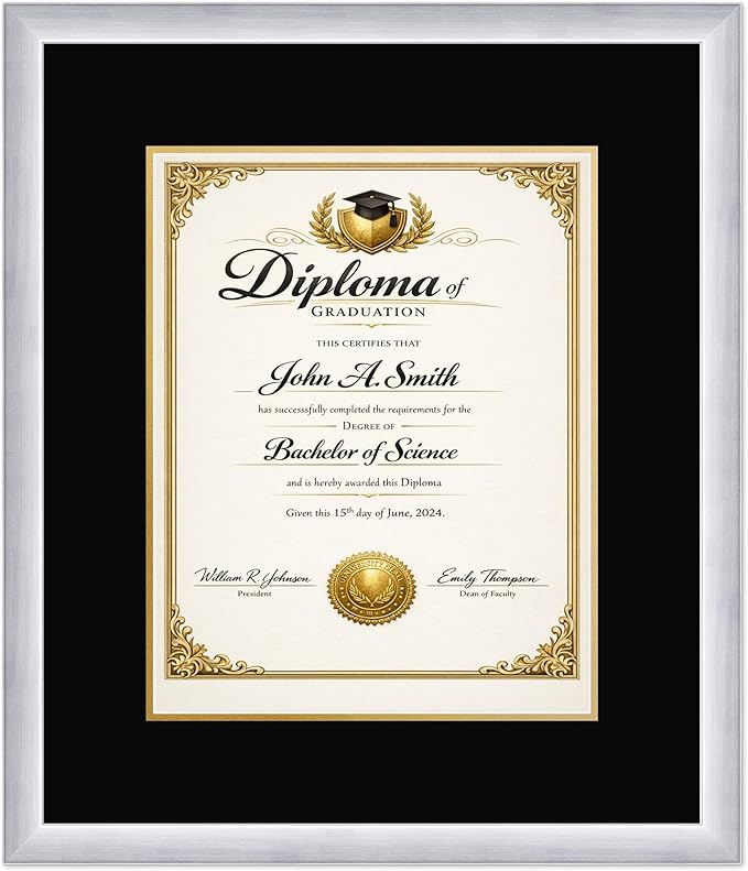 CountryArtHouse Diploma Frame Fits 11 x 14 College Diploma (Portrait) - Keepsake Graduation Display Stainless Silver Genuine Hardwood with Black Over Metallic Gold Double mat