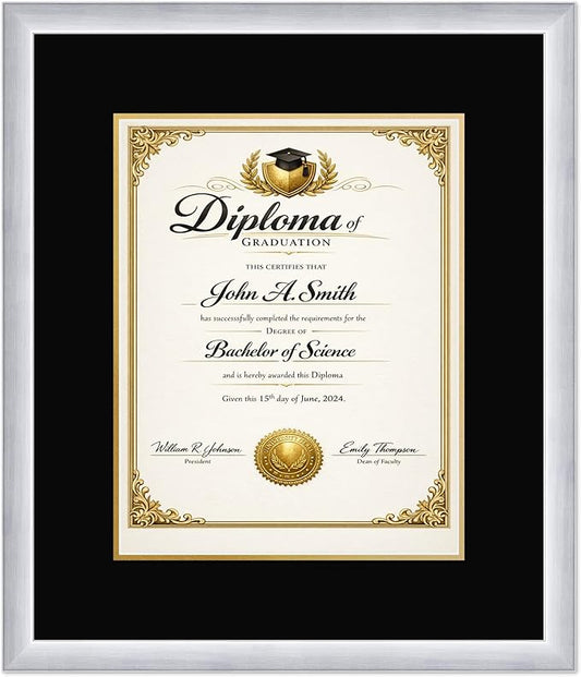 CountryArtHouse Diploma Frame Fits 11 x 14 College Diploma (Portrait) - Keepsake Graduation Display Stainless Silver Genuine Hardwood with Black Over Metallic Gold Double mat