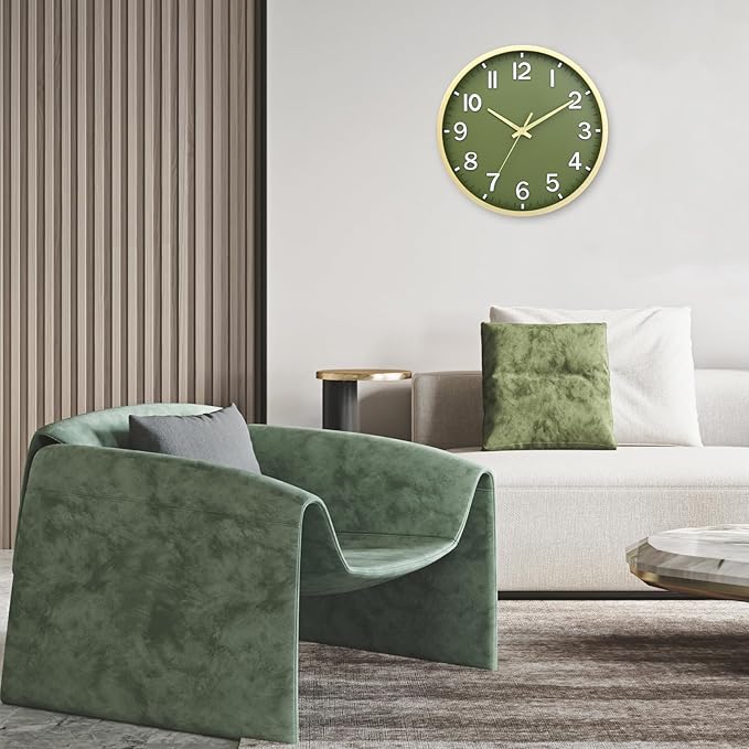 Wall Clocks Battery Operated 12 inch Modern Wall Clock,Silent Non Ticking Wall Clock for Living Room Bedroom Kitchen Office Classroom Decor (Green Gold)