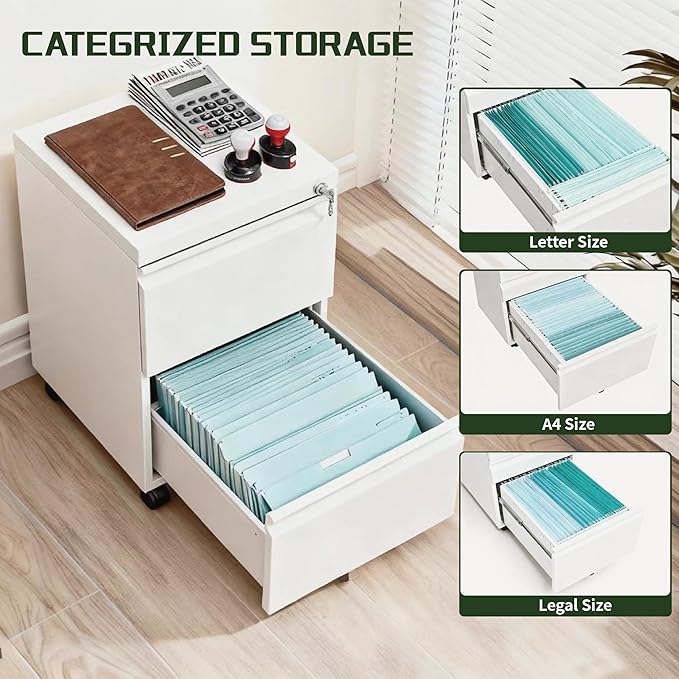 2 Drawer File Cabinet with Lock,Rolling Filing Cabinet with Wheels for Home Office,Under Desk Metal File Cabinet,Office Storage Organizer,White