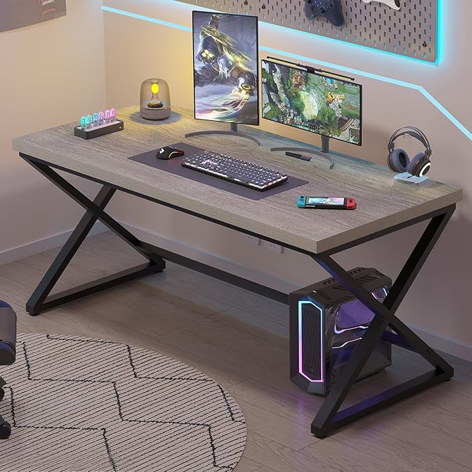 IBF Gray Computer Desk, Modern Writing Study Desk for Home Office, Industrial Wooden Metal Executive Work Desk, Simple Pc Gaming Laptop Workstation Computer Table in Bedroom, Light Grey Oak, 55 Inch