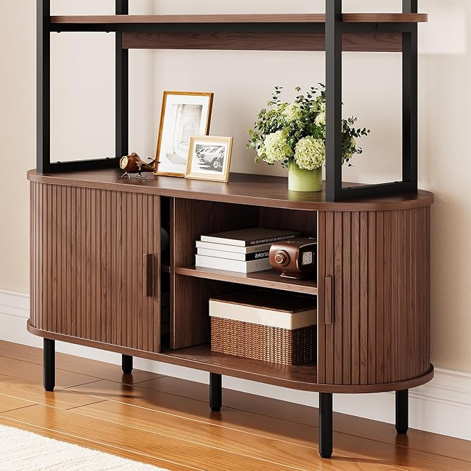 5 Tier Bookshelf with Fluted Cabinet, Tall Bookcase with Sliding Door, Metal and Wood Display Shelf, Free Standing Storage Shelving Unit, Corner Storage Organizer for Living Room, Home Office, Walnut