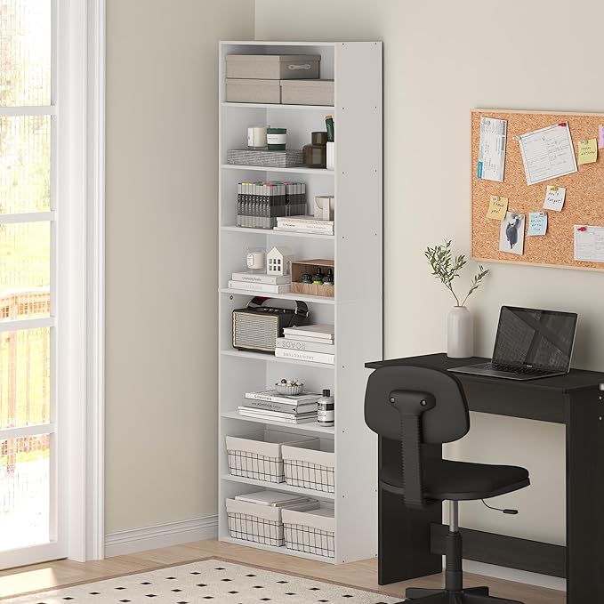 Furinno Basic Book Shelf, 8-Tier Bookcase with Open Shelf, Standing Bookshelf, Cube Storage Organizer, 12 x 24 x 71, for Living Room, Bedroom, Home Office, White