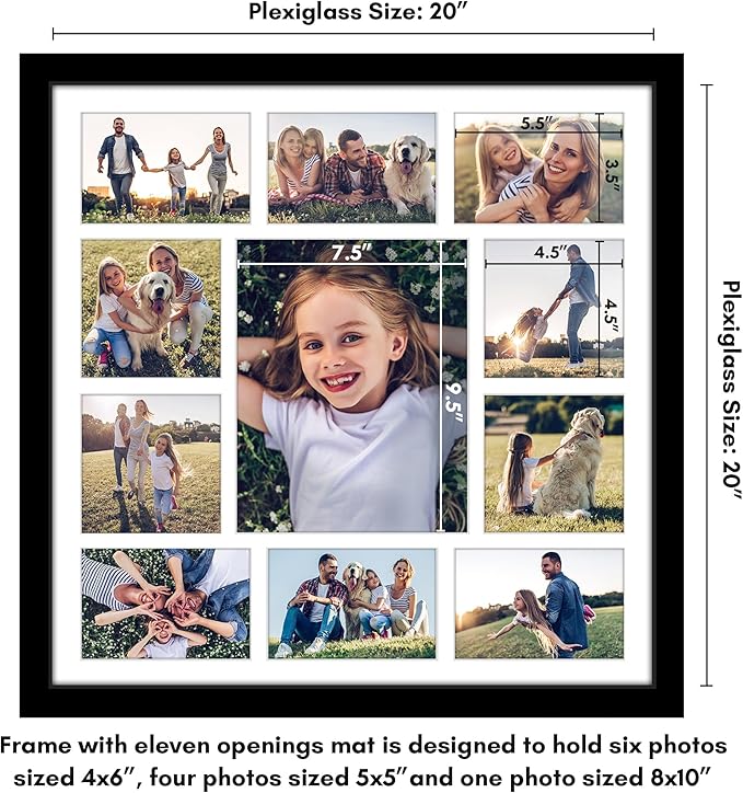 Americanflat 20x20 Collage Picture Frame with Polished Plexiglass - Multi Picture Frames Fit One 8x10, Four 5x5 and Six 4x6 Photos or Use as One 20x20 Frame - Signature Collection - Black