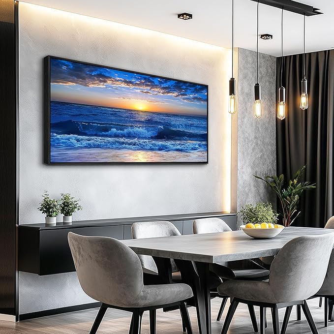 Sea Beach Framed Canvas Wall Art For Living Room Wall Decor For Bedroom Home Decor Blue Ocean Canvas Pictures Artwork Sunny Sea View Wave Painting Office Wall Decorations Black Framed 20" X 40"