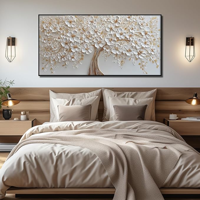 Tree Pictures Wall Decor Dining Room White Flower Canvas Wall Art for Bedroom Women Large Black Framed Wall Art for Living Room 29 x 58 Inch