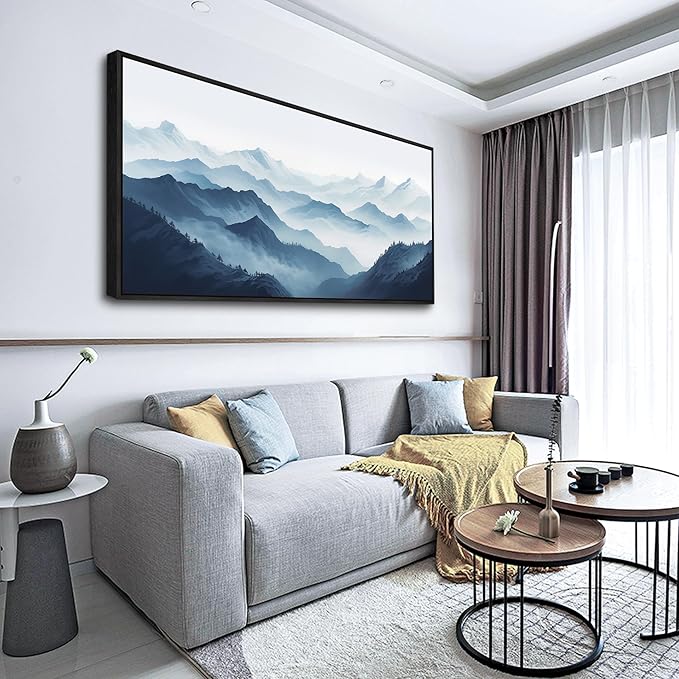 Wapluam Large Canvas Wall Art For Living Room Black Framed Wall Decor For Office Bedroom Decoration Art Black And White Grey Mountain Scenery Wall Painting View Wall Picture Hotel Room Home Artwork