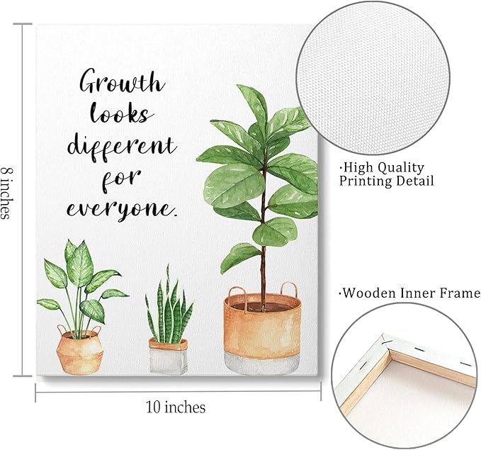 XWELLDAN Growth Looks Different for Everyone Mental Health Growth Mindset Wall Art Canvas Prints,Potted Plant Wall Art Decor for Classroom Therapy Office School Counseling Office, 8 x 10 Inch, Framed