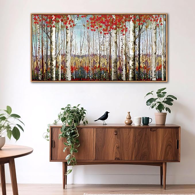 Large Canvas Wall Art - Framed Aspen Tree Oil Painting Style, Birch Tree Pictures for Living Room Wall Decor & Bedroom, 24x48 Modern Nature Artwork for Walls