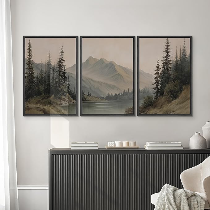 SIGNWIN Framed Canvas Print Wall Art Set Tranquil Pine Forest Mountain Lake Landscape Illustrations Modern Art Decorative Nordic Abstract for Living Room, Bedroom, Office - 24"x36"x3 Black