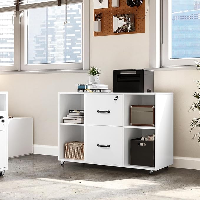 Topeakmart Mobile File Cabinet with 2 Drawers and 4 Open Storage Shelves Large Lateral Filing Cabinet Printer Stand for Home and Office，White