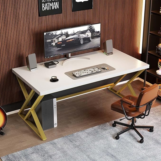 LVB White and Gold Desk, Modern Wood Home Office Computer Desk, Metal Study Executive Writing Table for Gaming Writing Work, Farmhouse Simple Compact Student PC Desk for Bedroom, 55 Inch