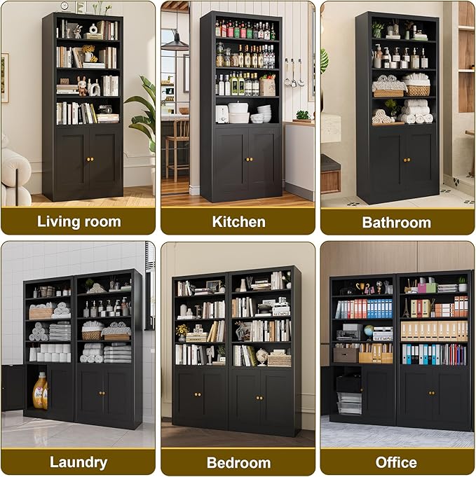 55" Metal Bookshelf with Doors, Freestanding Storage Rack with Cabinet Doors,Heavy Duty Steel Shelving for Pantry, Kitchen, Closet, Garage,Home Office (Black)