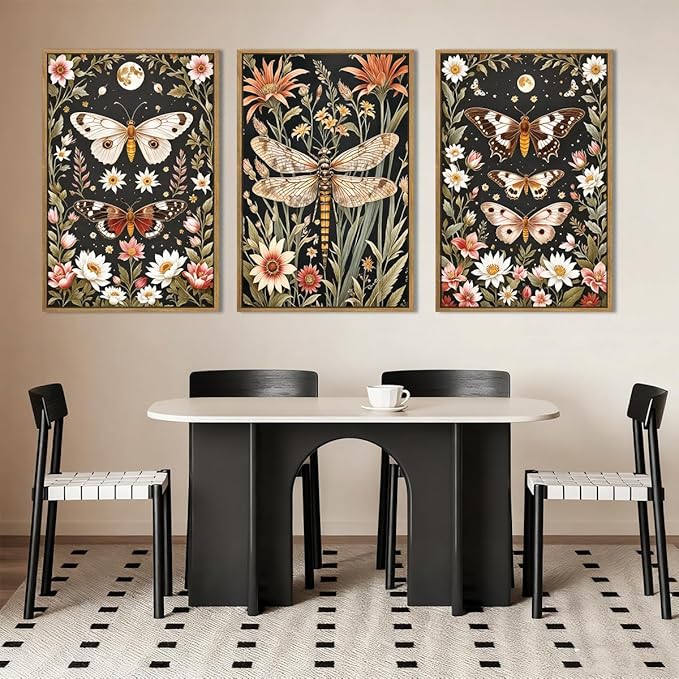 ANHUIB William Morris Wall Art 16x24 Inch Vintage Floral Wall Decor Framed Butterfly Dragonfly Prints Nature Botanical Animal Artwork Set of 3 for Living Room Bedroom Office