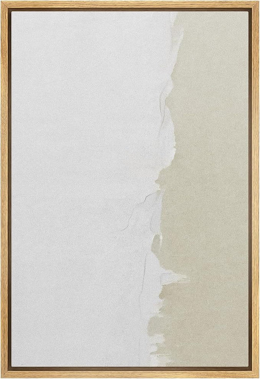 SIGNFORD Framed Canvas Print Wall Art Duotone White Tan Grunge Paint Stroke Abstract Shapes Illustrations Modern Art Decorative Boho Relax/Zen Nordic for Living Room, Bedroom, Office - 24"x36" NATURAL