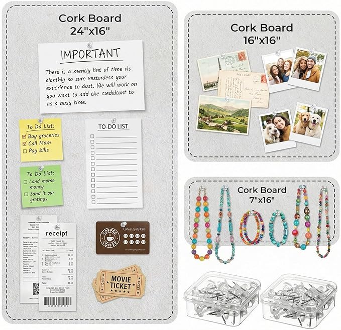 3 Pack Large Felt Bulletin Boards 24"/16"/7"x 16" Foldable Picture Vision Board for Office Wall Frameless Cork Board with 60 Push Pin for Home, Kitchen, Wall Pin Boards(White)
