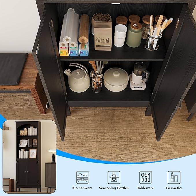 71" H Tall Bookshelf with Doors, Farmhouse Book Shelf with 3-Tier Open Shelves, Wooden Bookcase with Storage Cabinet, Freestanding Display Bookshelves for Bedroom, Living Room, Black