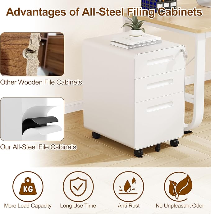 3 Drawers File Cabinet, Mobile Filing Cabinet with Lock, Steel, Fully Assembled Except Casters, for Home Office, for A4, Letter, Legal File Folders, White