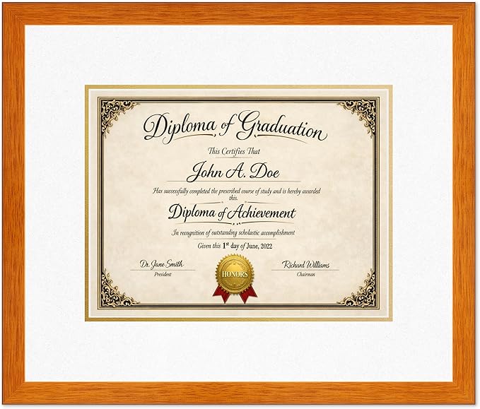 Diploma Frame Honey Oak with Oyster Shell Over Gold Double Mat - Fits 13 x 10 College Diploma (Traditional) Wall Display Made in the USA