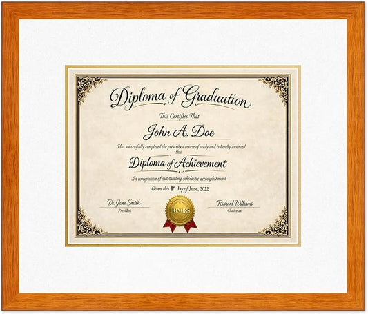 Diploma Frame Honey Oak with Oyster Shell Over Gold Double Mat - Fits 13 x 10 College Diploma (Traditional) Wall Display Made in the USA